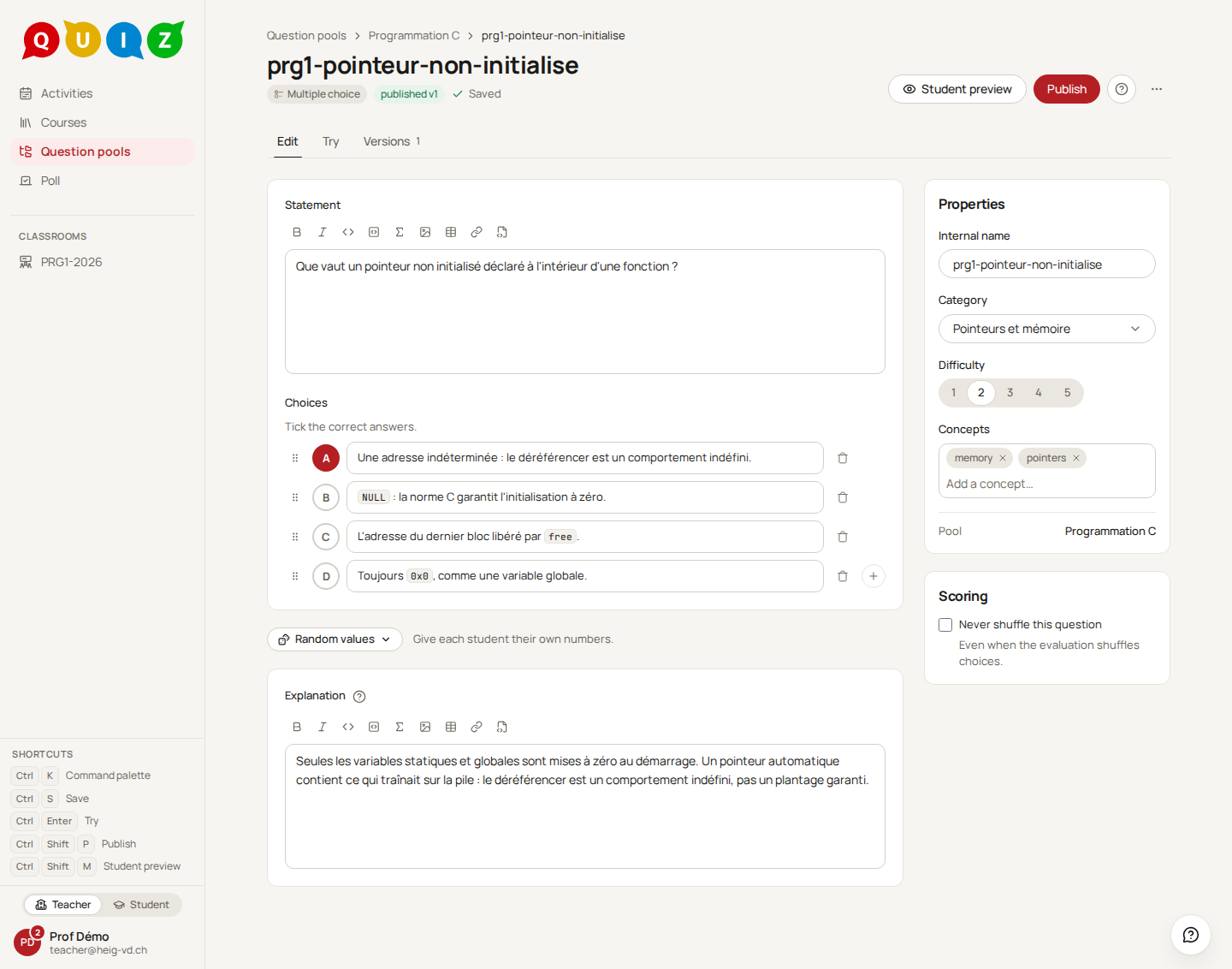 The student preview panel in the editor