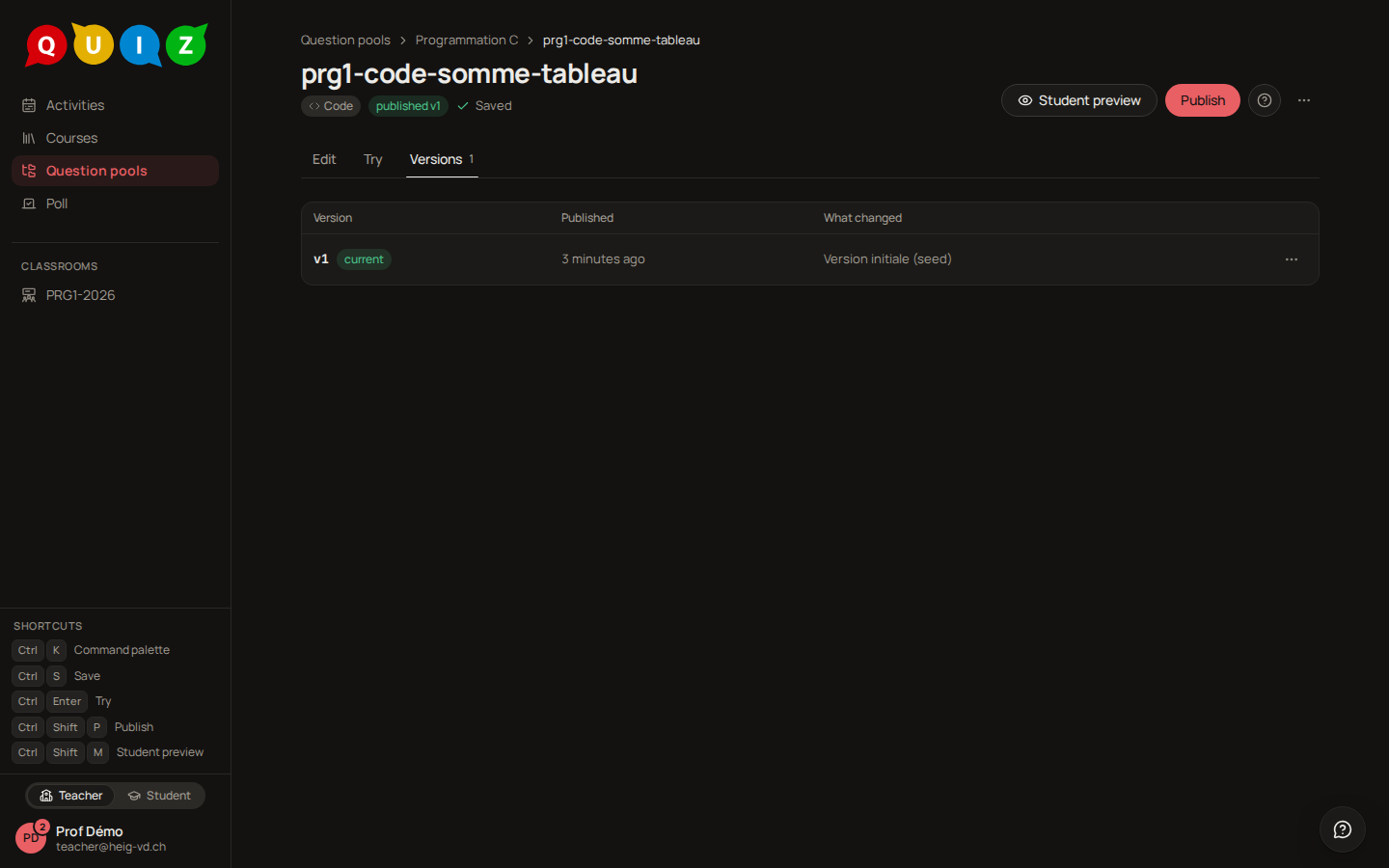 The Versions tab of a question
