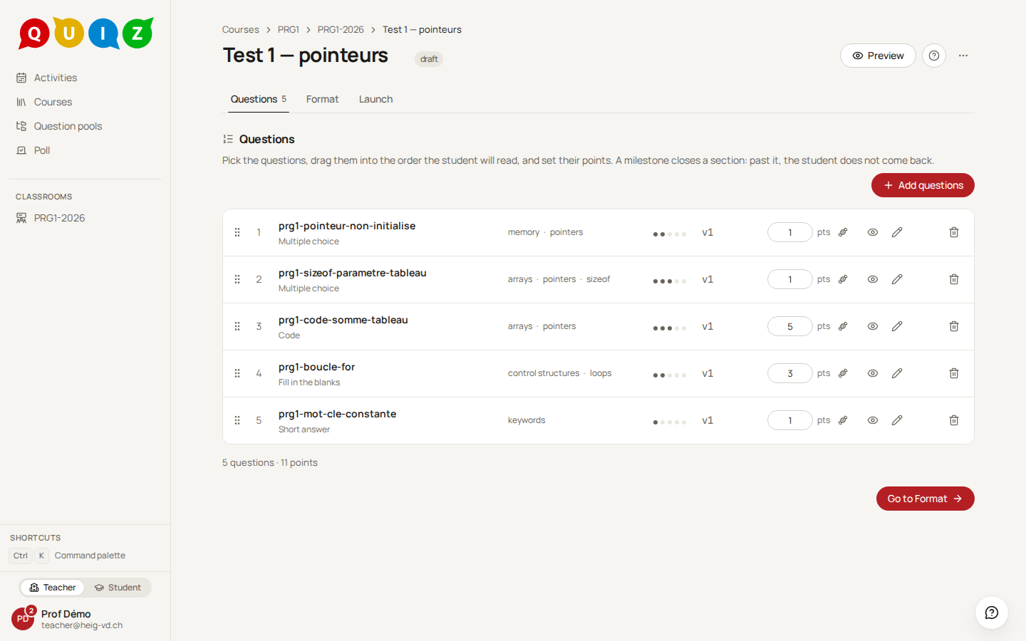 The Questions step of a draft evaluation with five items
