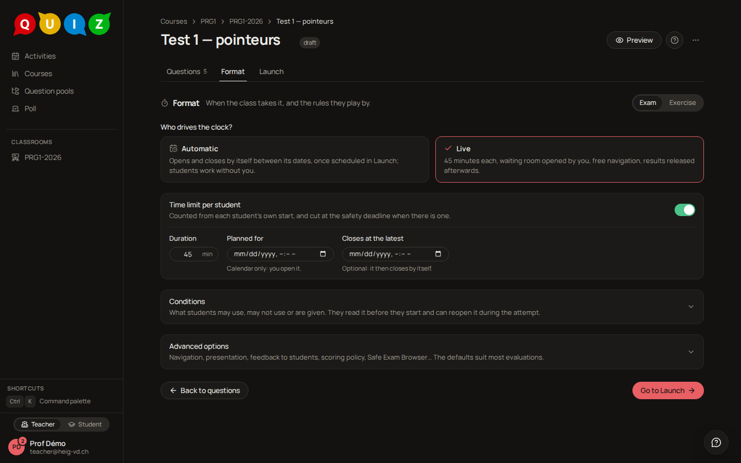 The Format step of a live evaluation with a time limit