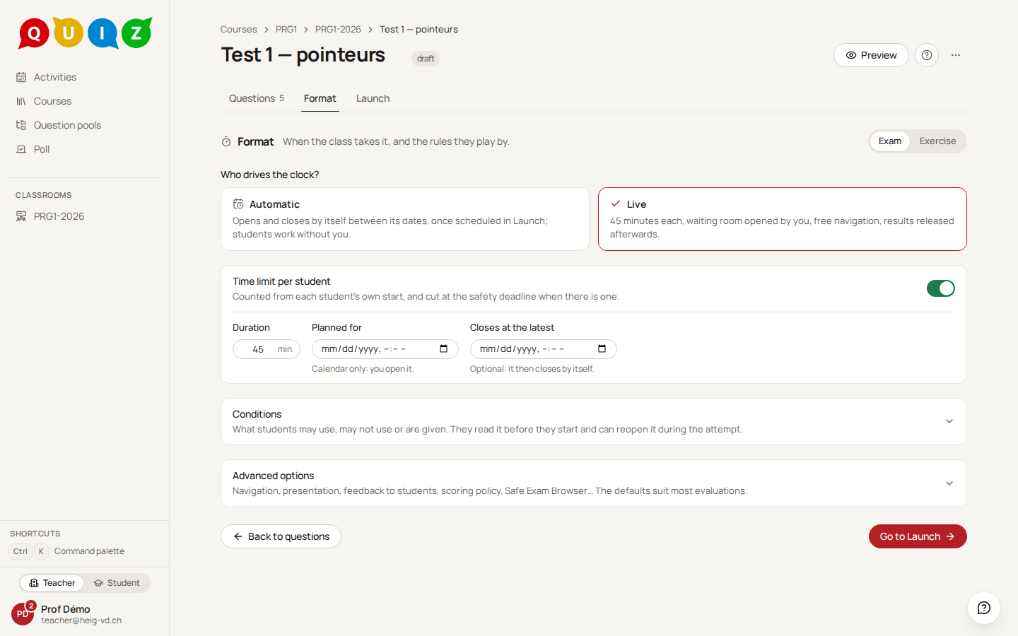 The Format step of a live evaluation with a time limit