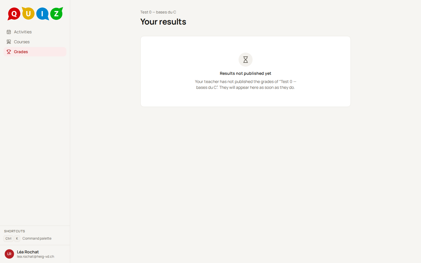 The results page before publication: Results not published yet, and a sentence saying they will appear here as soon as the teacher publishes