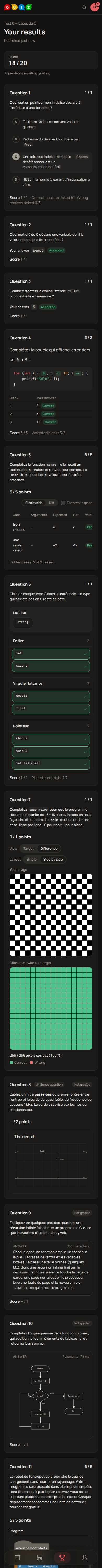 The results on a phone: grade 6.0, points 11 of 11, then one card per question with the chosen answer, the verdict per blank or per test case and the score