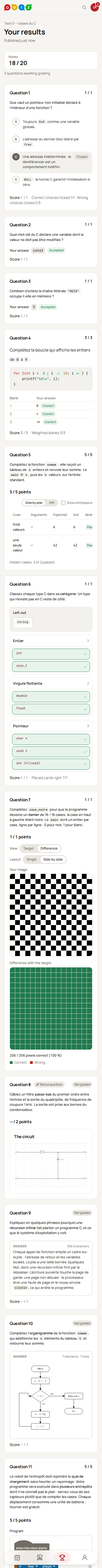 The results on a phone: grade 6.0, points 11 of 11, then one card per question with the chosen answer, the verdict per blank or per test case and the score