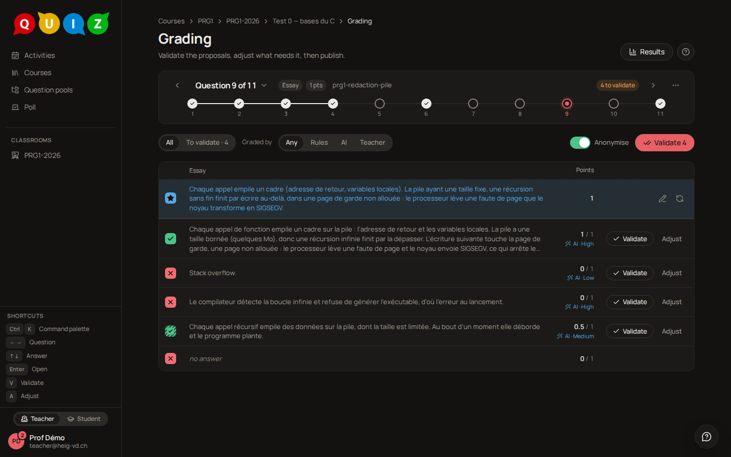 The primary button offering to validate the four AI proposals of an essay