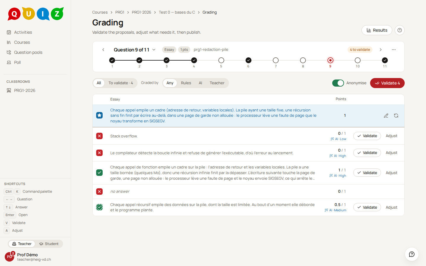 The primary button offering to validate the four AI proposals of an essay