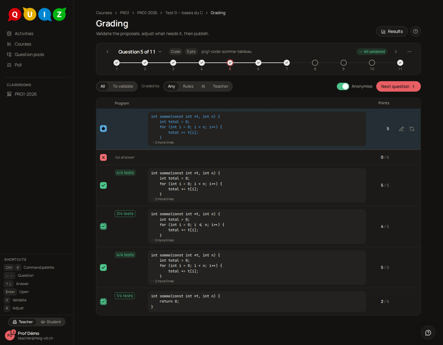 Grading a code question with its test cases