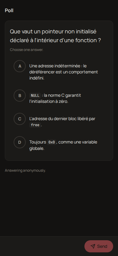 A phone showing the poll: the statement, the four choices and a Send button