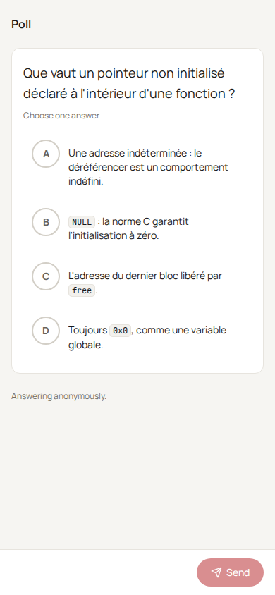 A phone showing the poll: the statement, the four choices and a Send button