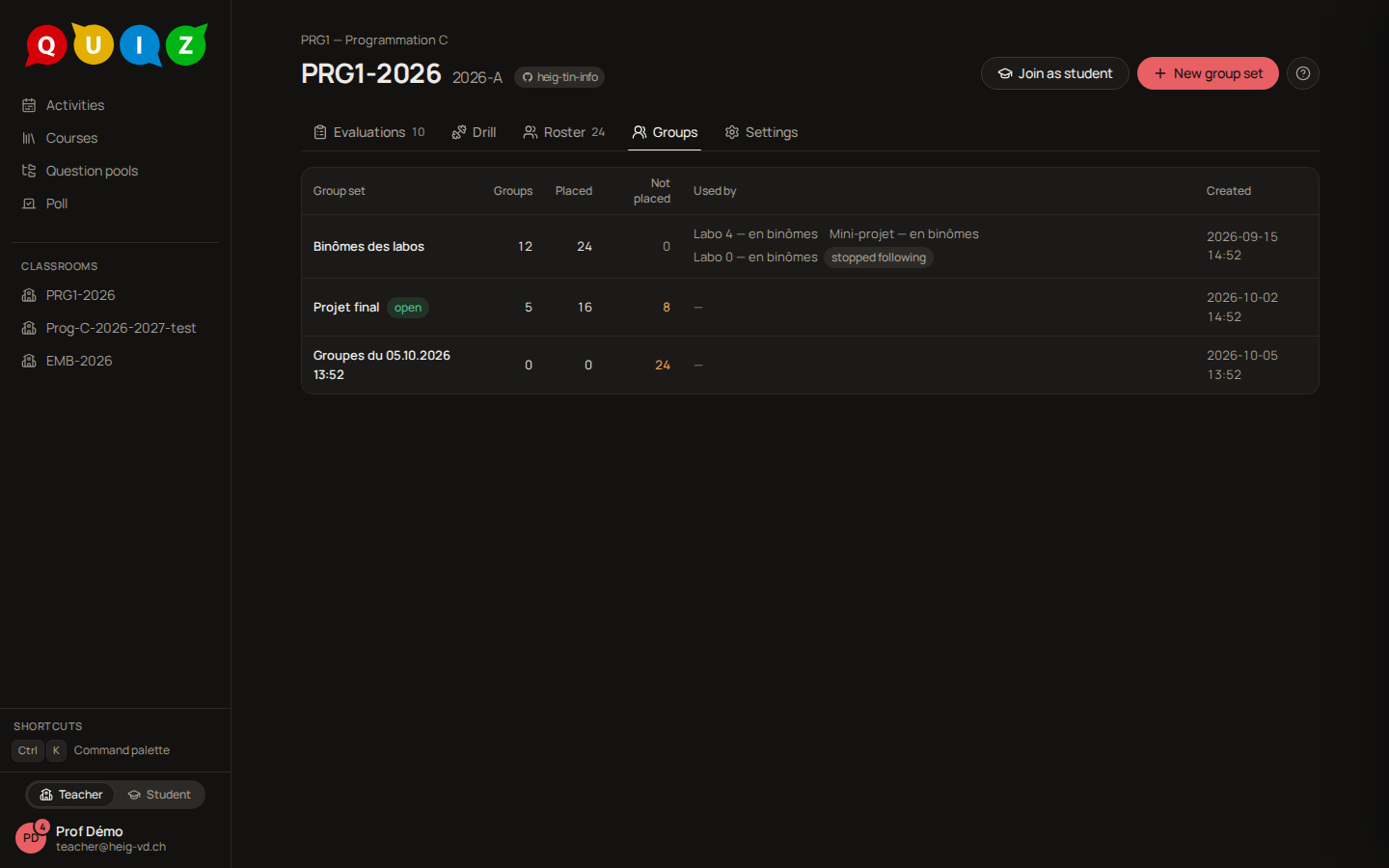 The Groups tab listing three group sets