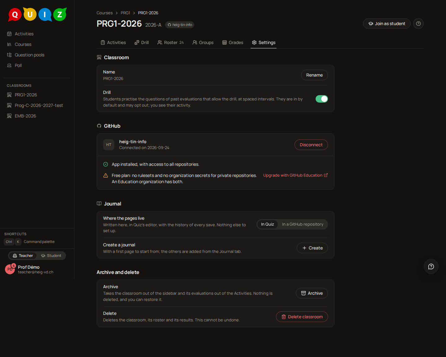 The GitHub section with a warning on the plan