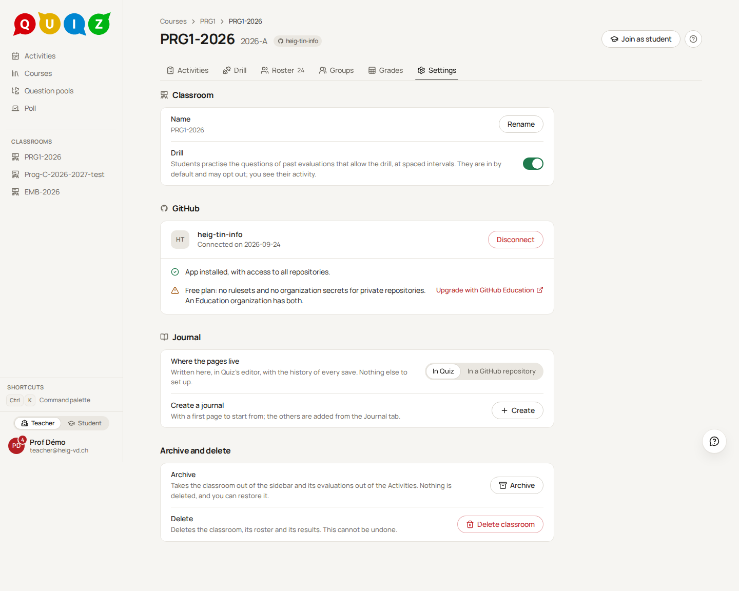 The GitHub section with a warning on the plan