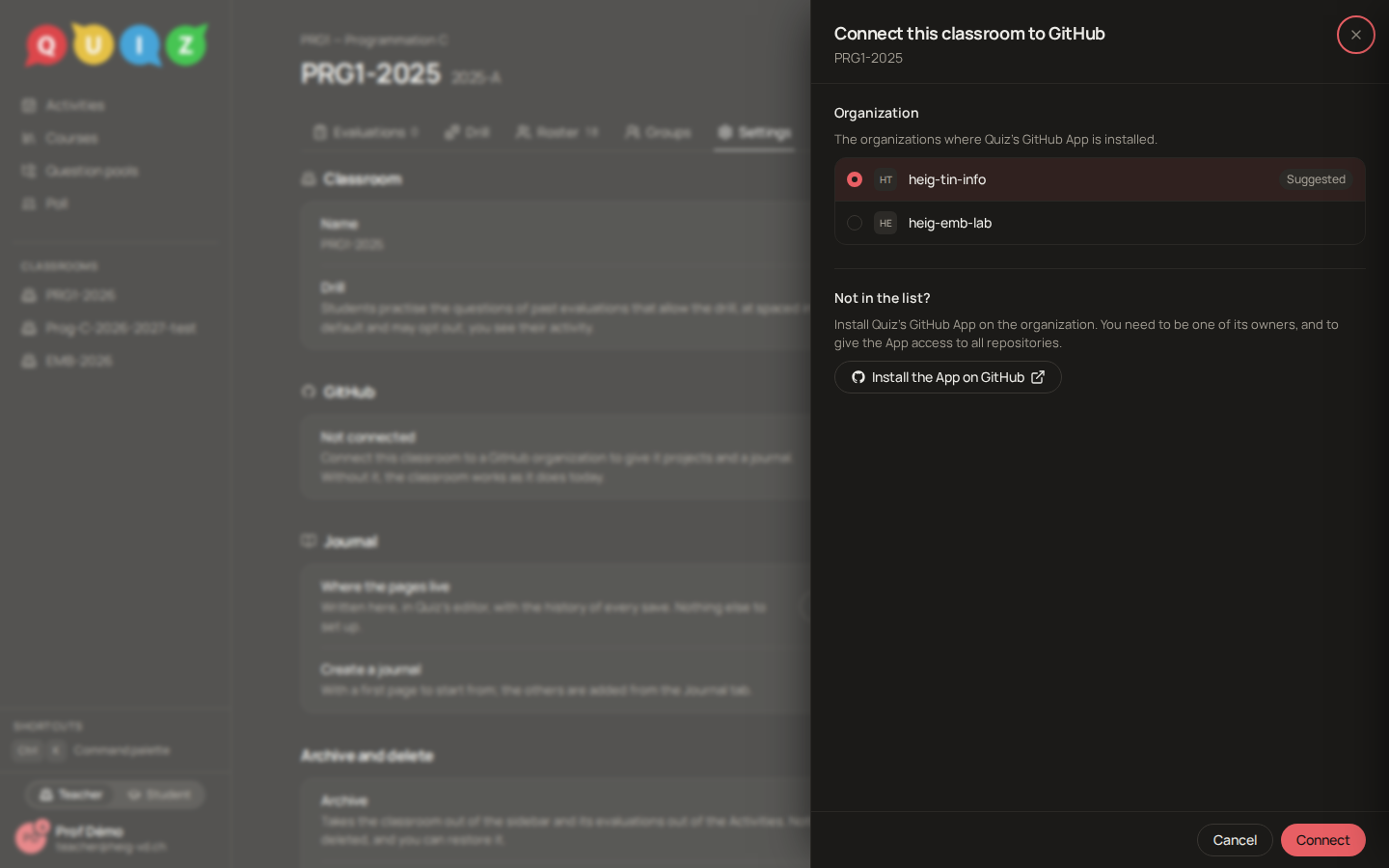 The Connect to GitHub panel listing the organizations where the App is installed