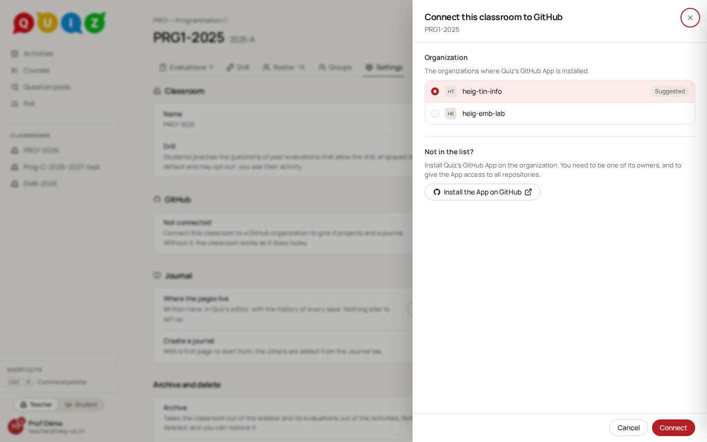 The Connect to GitHub panel listing the organizations where the App is installed
