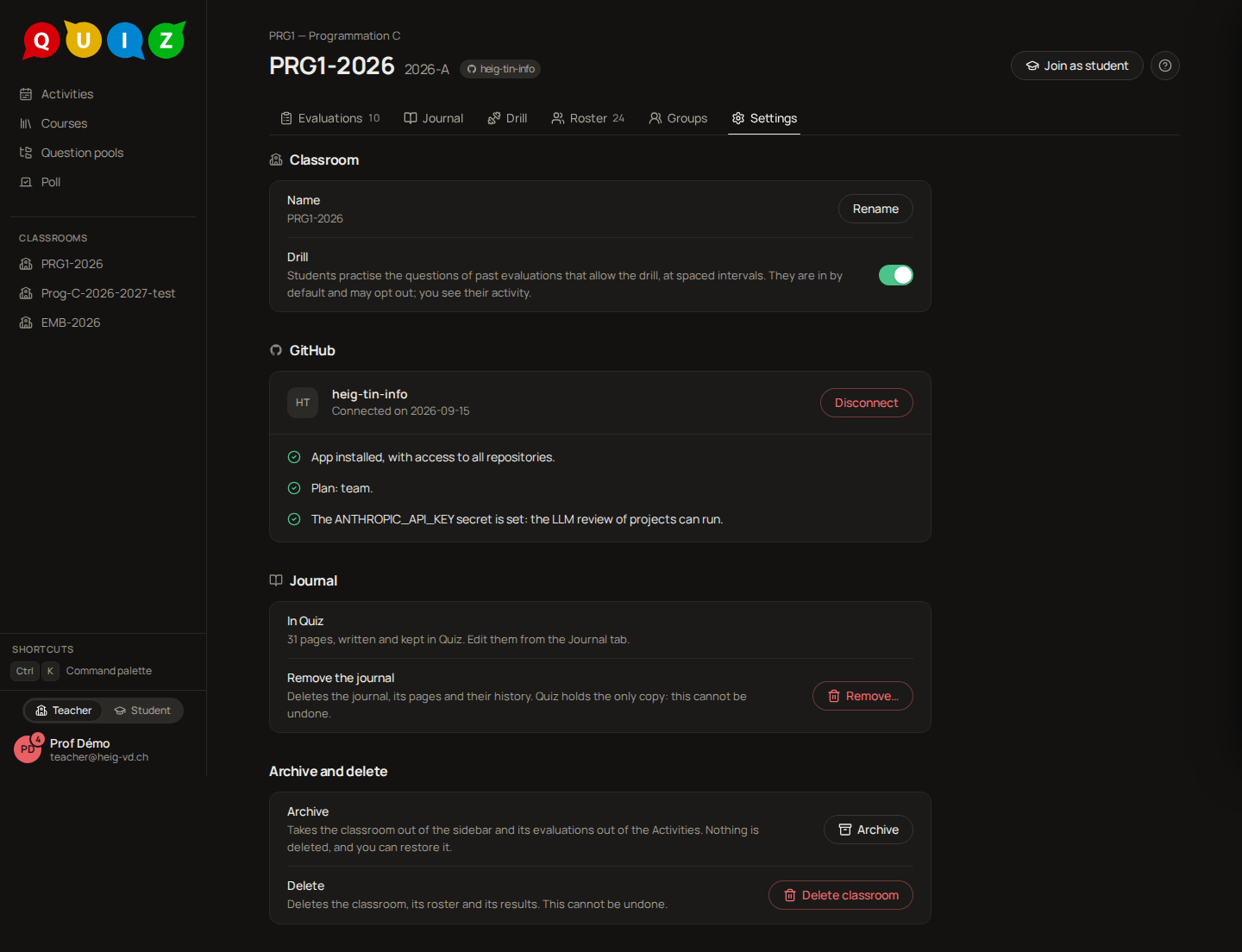 The Journal section of the settings, with a journal kept in Quiz