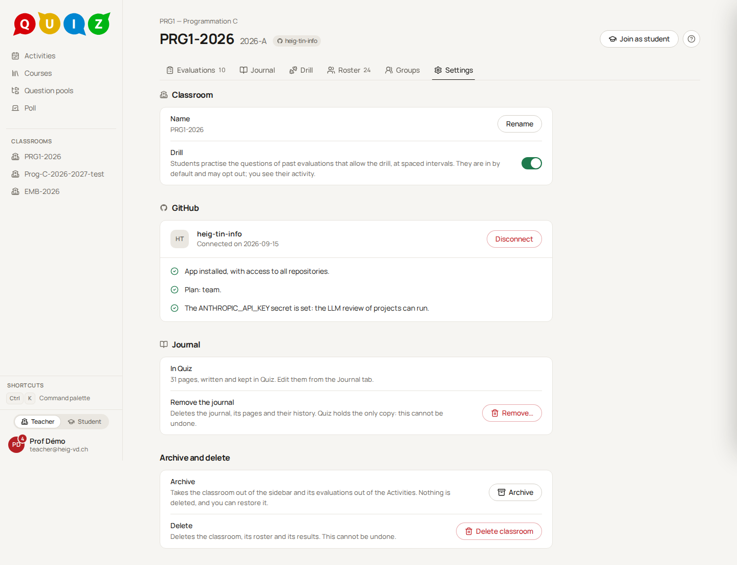 The Journal section of the settings, with a journal kept in Quiz