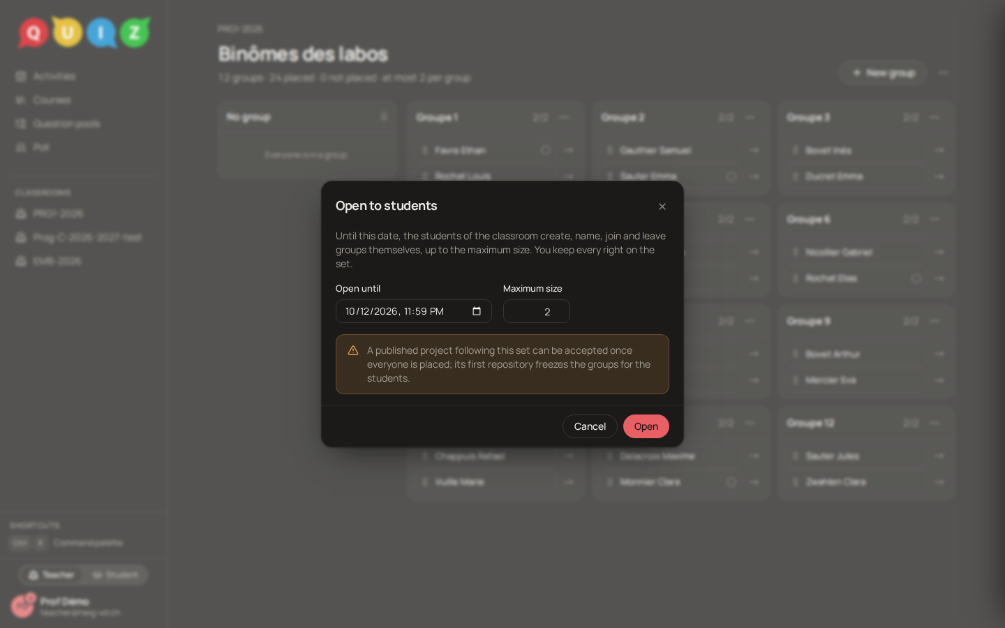The dialog opening a group set to the students until a date