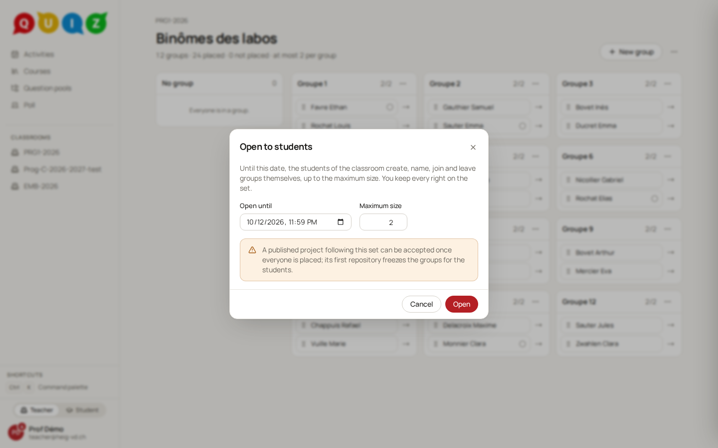 The dialog opening a group set to the students until a date