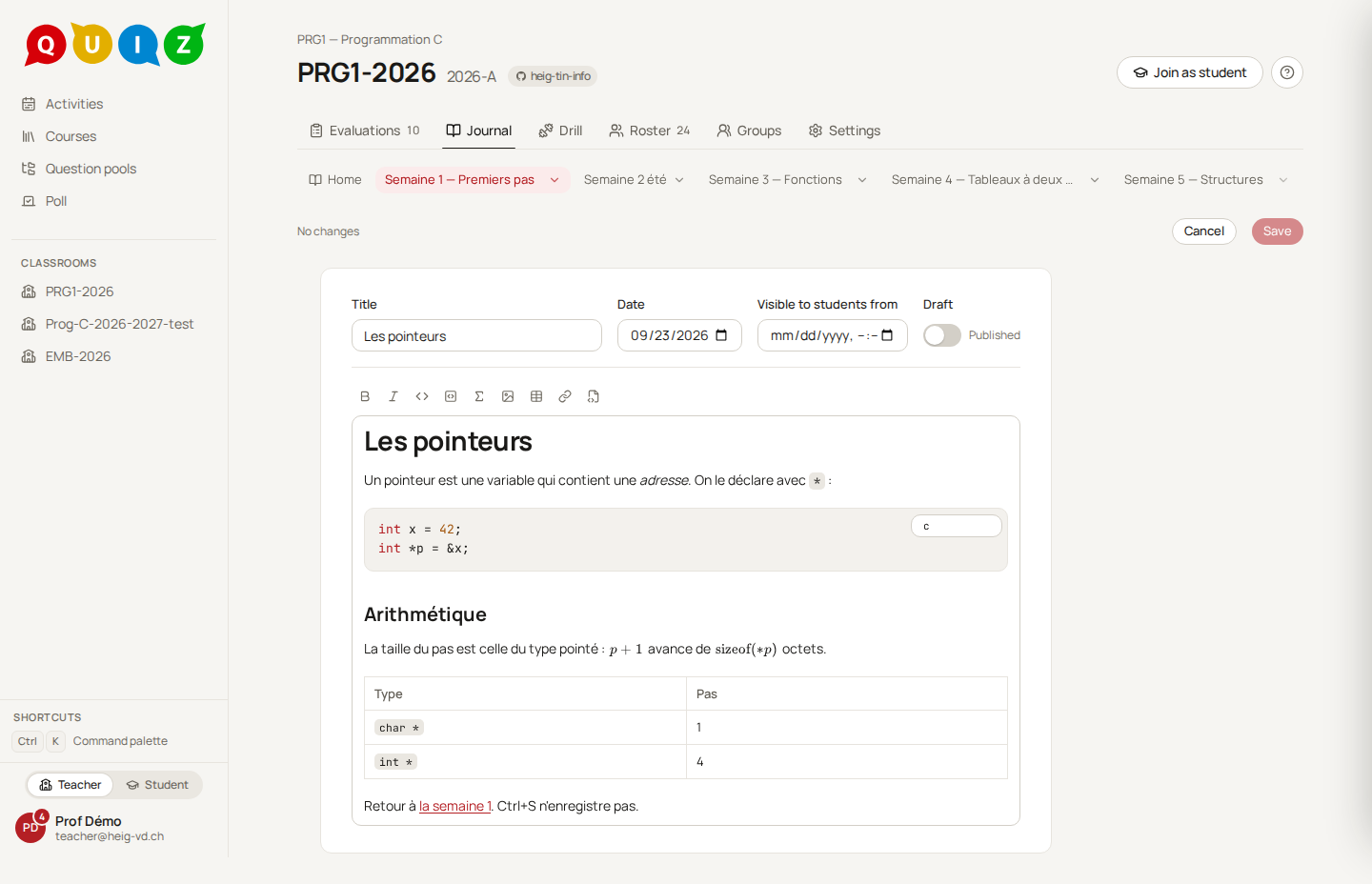 The page editor with its page settings