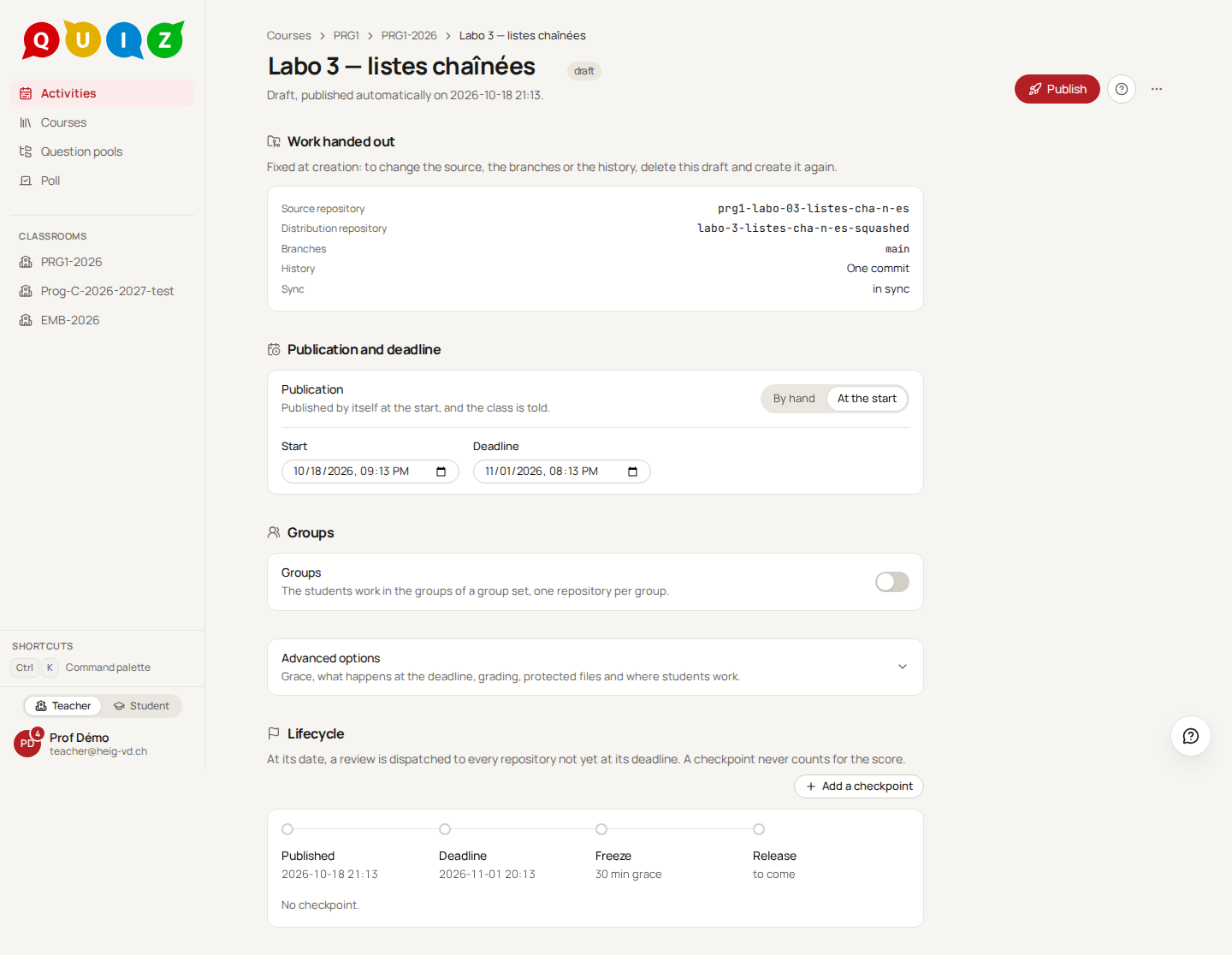 A draft's page: work handed out, publication and deadline, groups, advanced options and the lifecycle rail