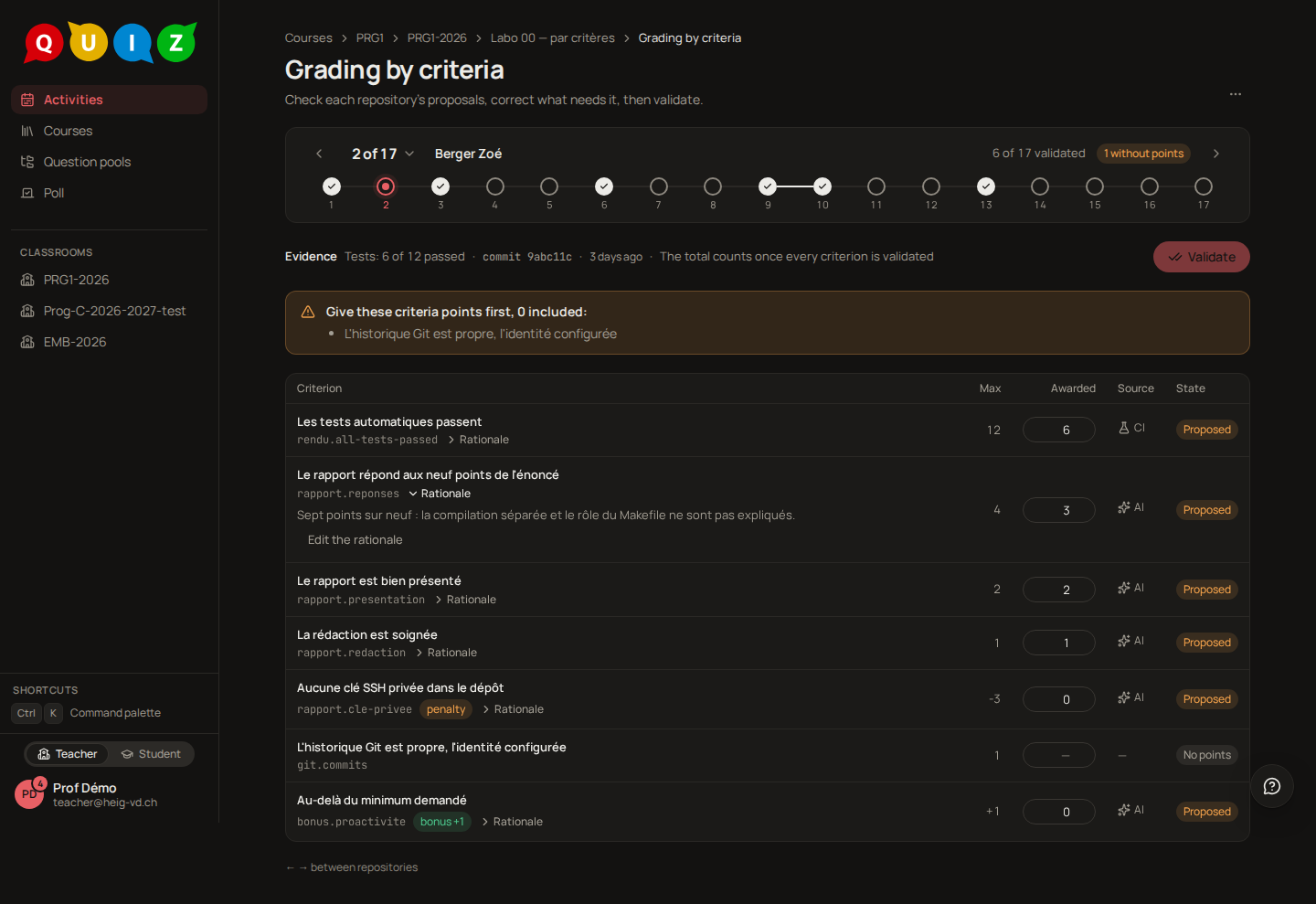 The grading screen: one repository, its criteria, their points, sources and states