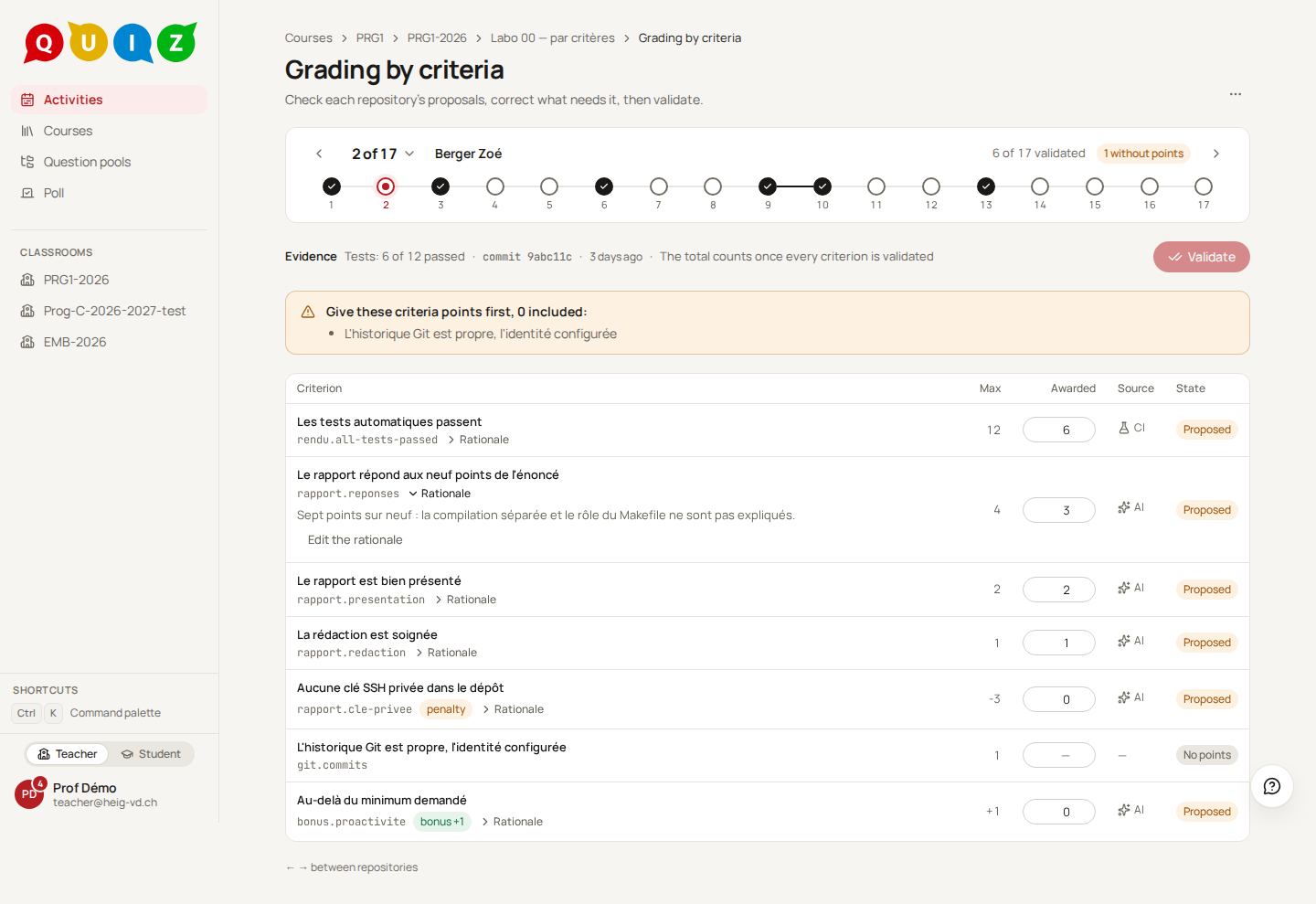 The grading screen: one repository, its criteria, their points, sources and states