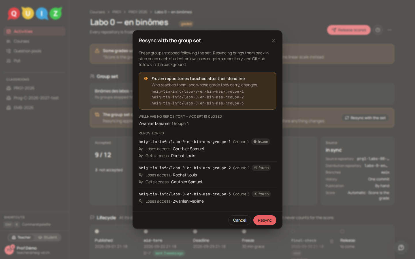 The confirmation of a resync, naming the repositories it touches