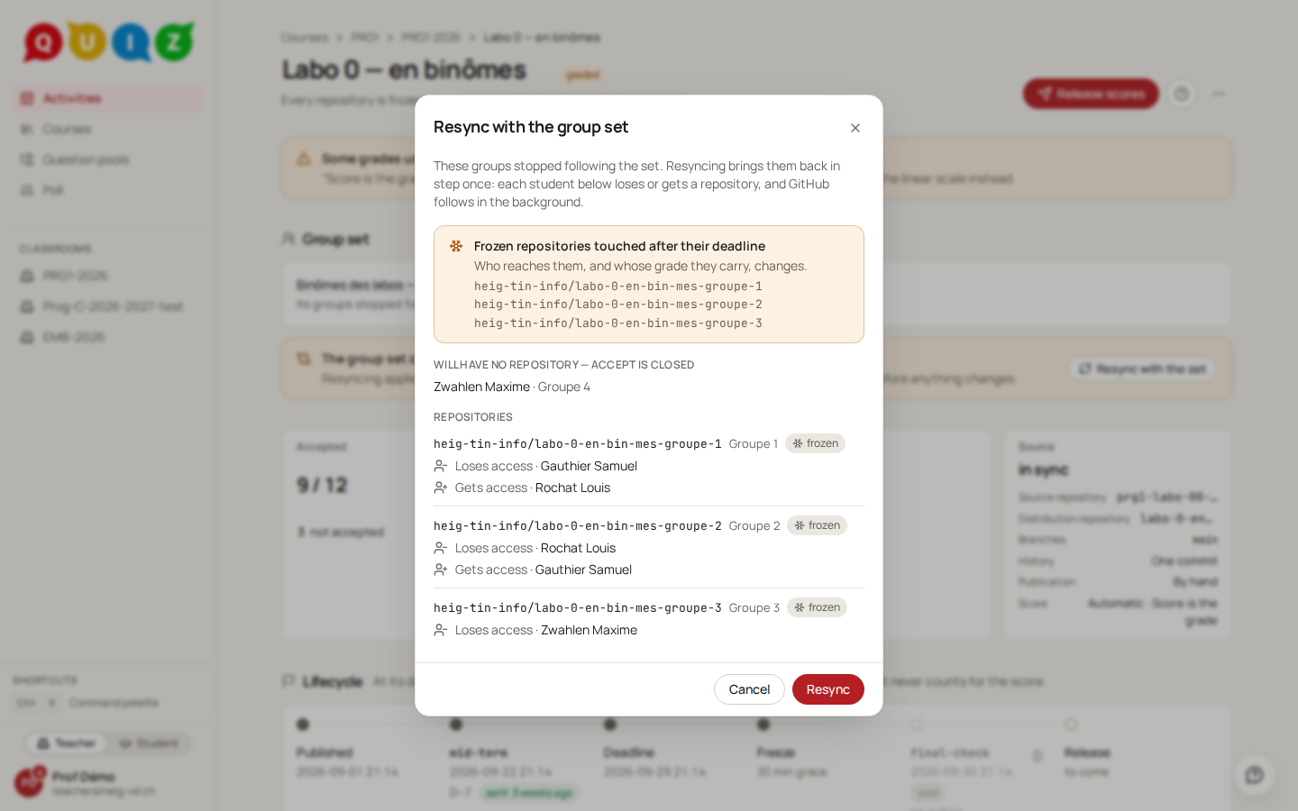The confirmation of a resync, naming the repositories it touches
