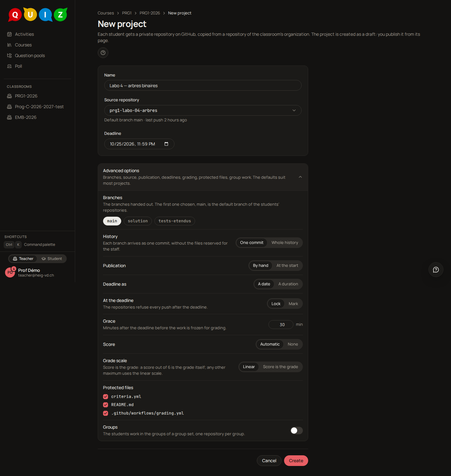 The new project form with the advanced options open