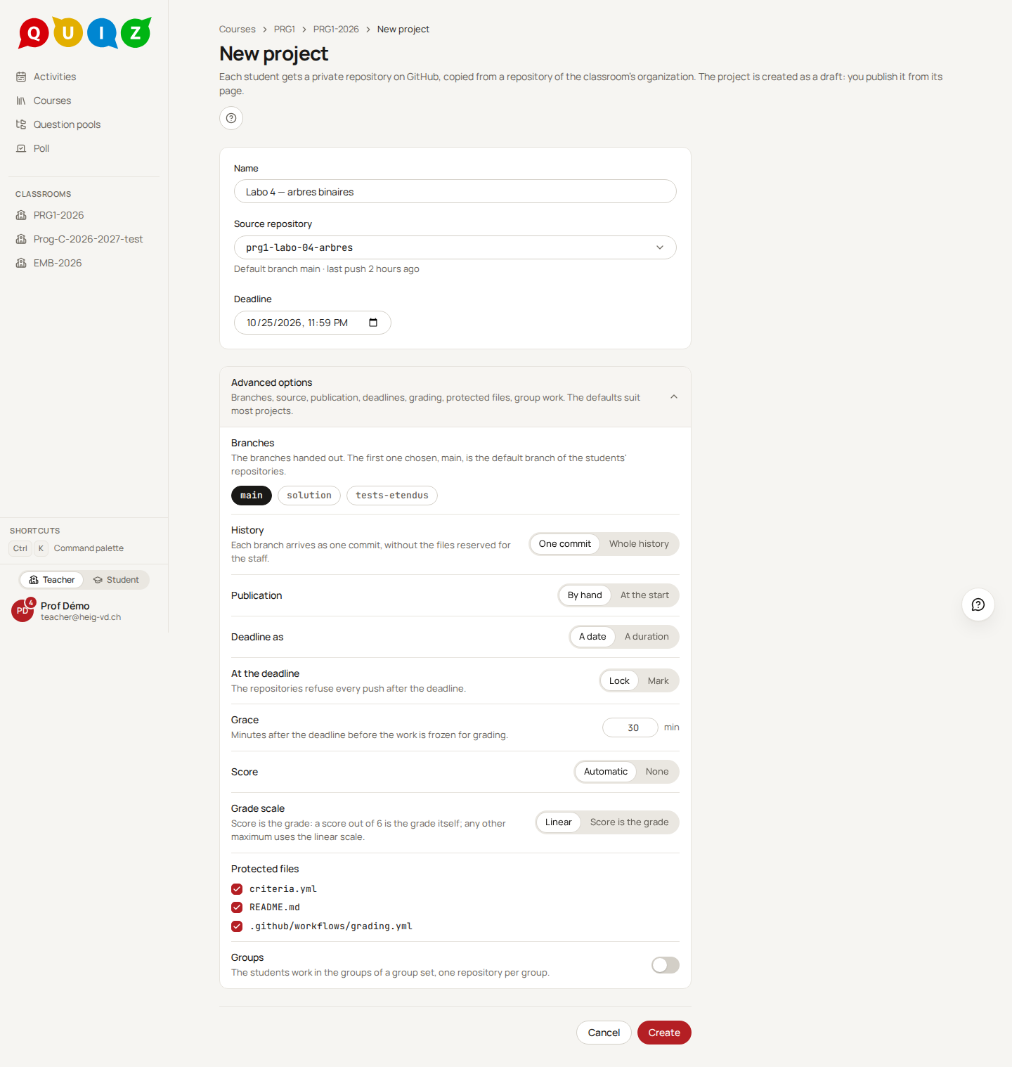 The new project form with the advanced options open