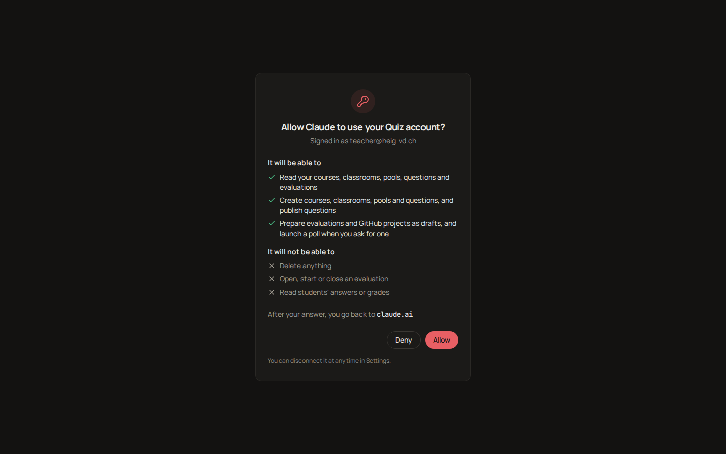 The consent page: Allow Claude to use your Quiz account, with what it can and cannot do
