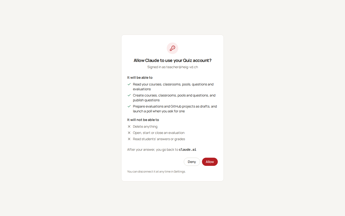 The consent page: Allow Claude to use your Quiz account, with what it can and cannot do