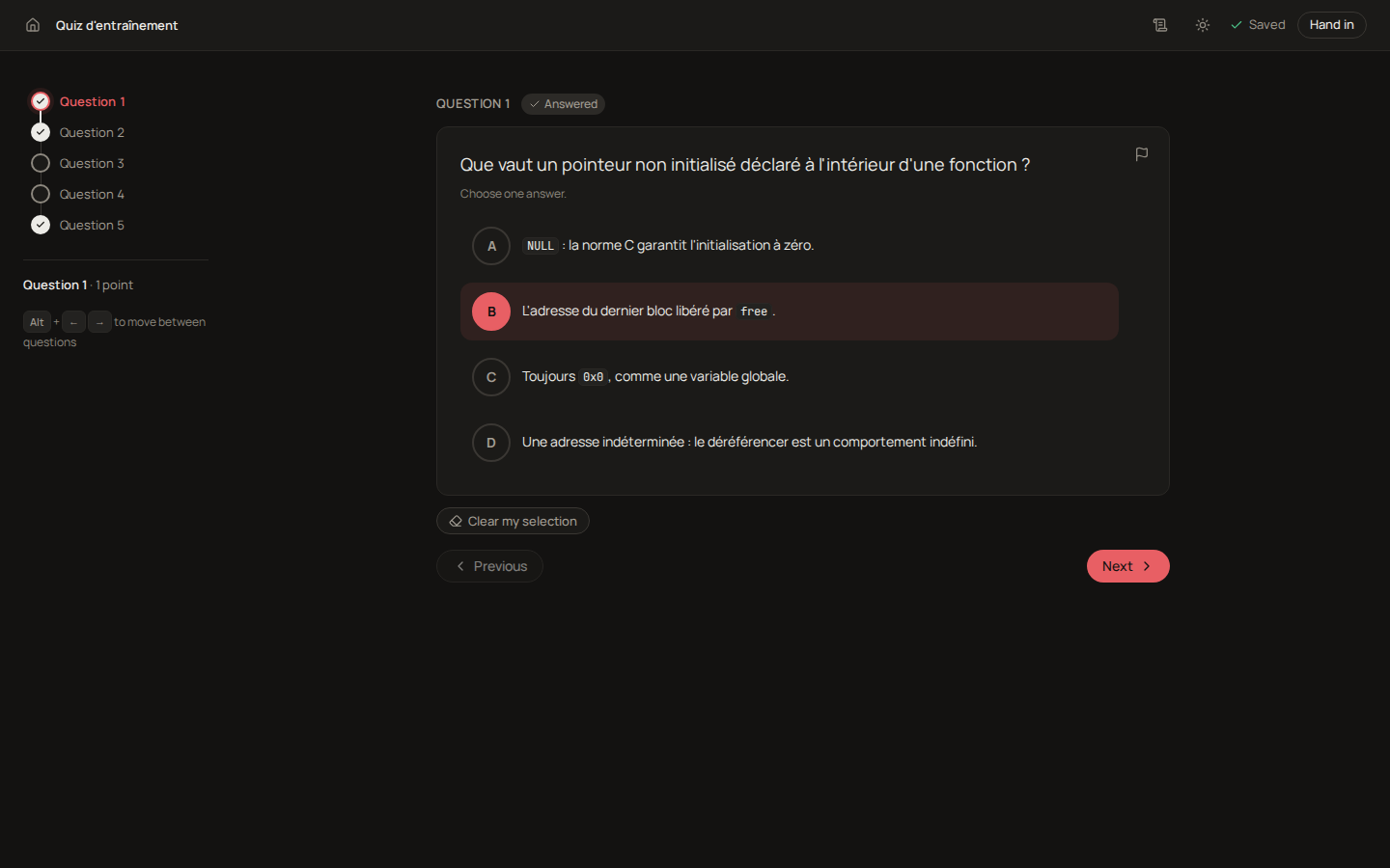 The player on a multiple-choice question