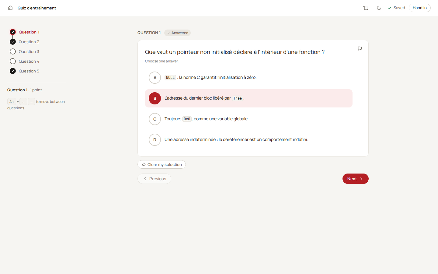 The player on a multiple-choice question