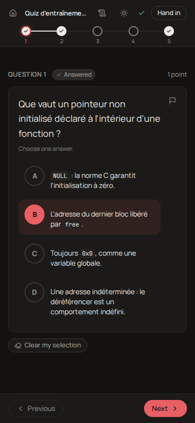 The player on a phone: the progress strip, question 1 marked Done, four choices with B selected, and the Previous, Done and Next buttons