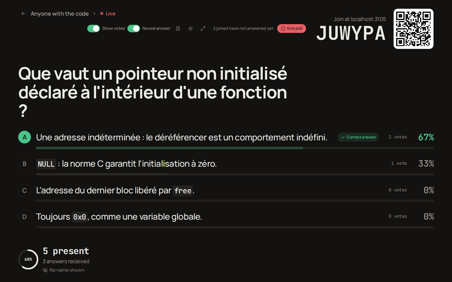 The projection after the reveal: the first choice marked Correct answer in green, the other bars faded
