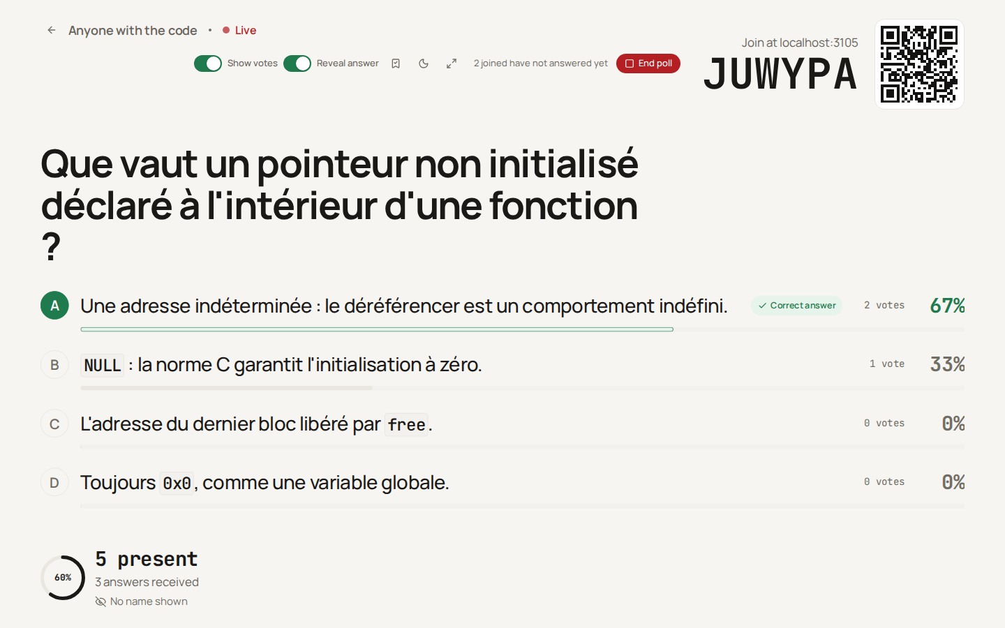 The projection after the reveal: the first choice marked Correct answer in green, the other bars faded