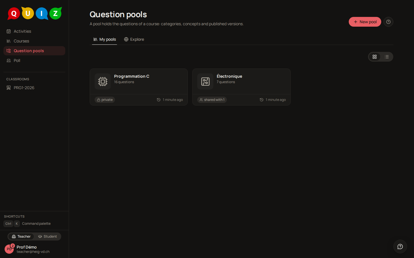 The pools page, two pools as cards