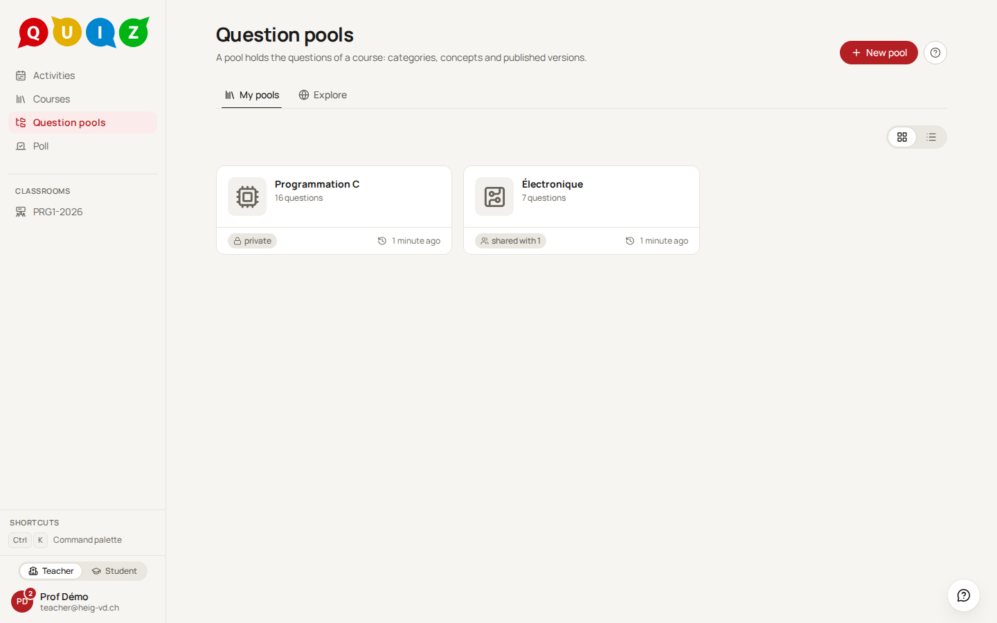 The pools page, two pools as cards