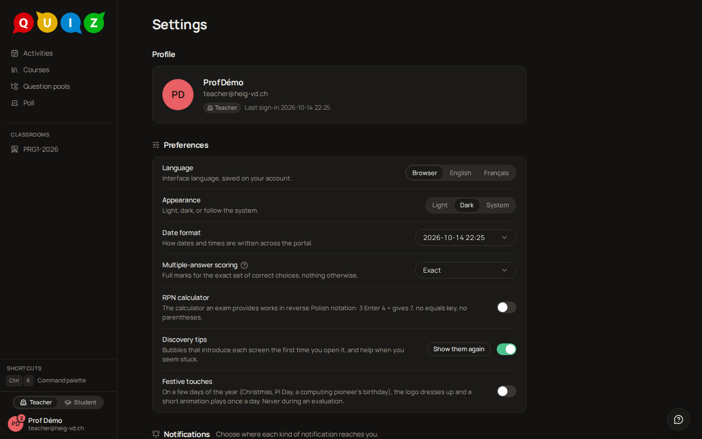 The settings page