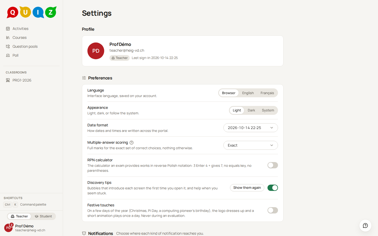 The settings page
