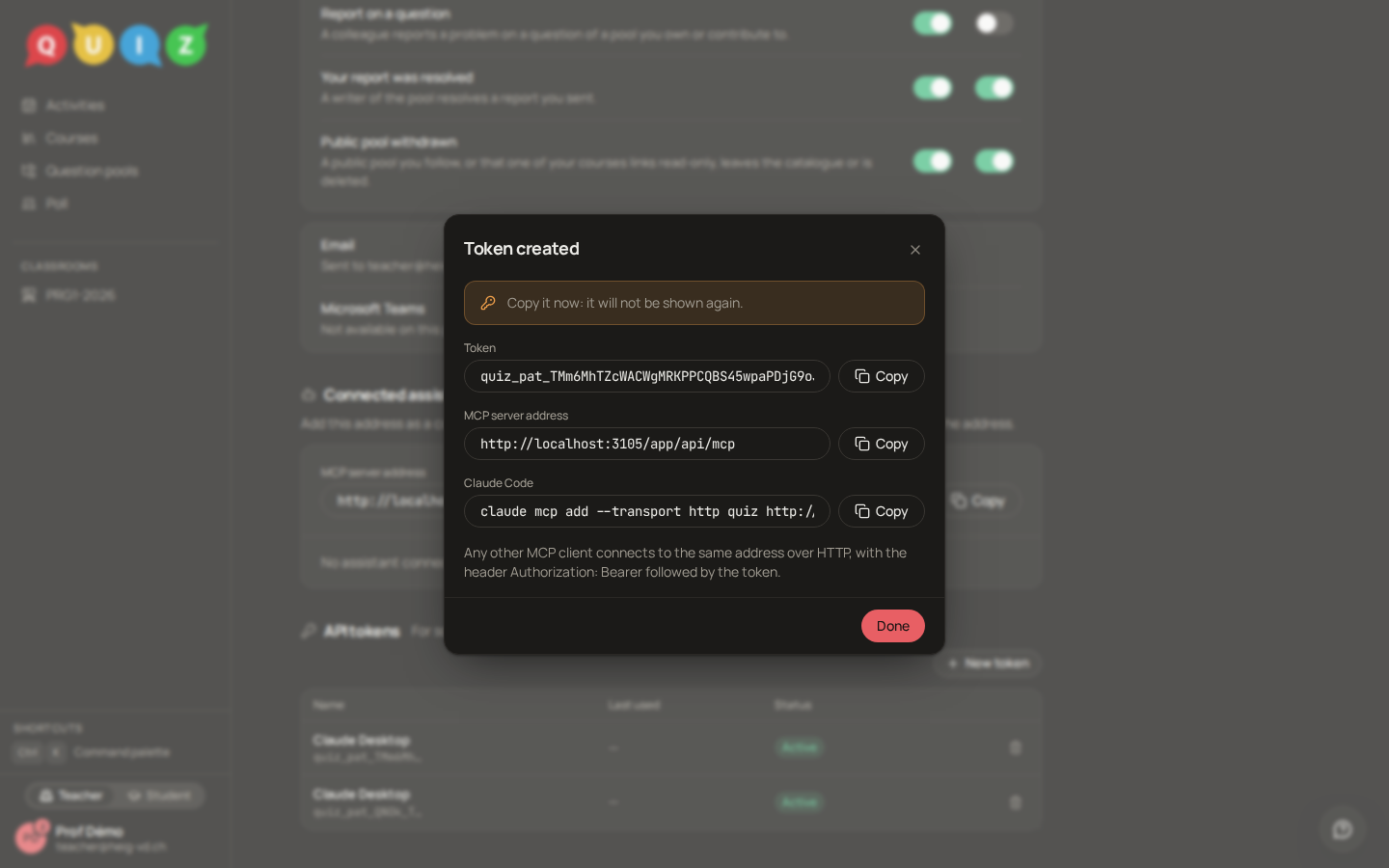 The token creation dialog, showing the new token, the MCP server address and the Claude Code command