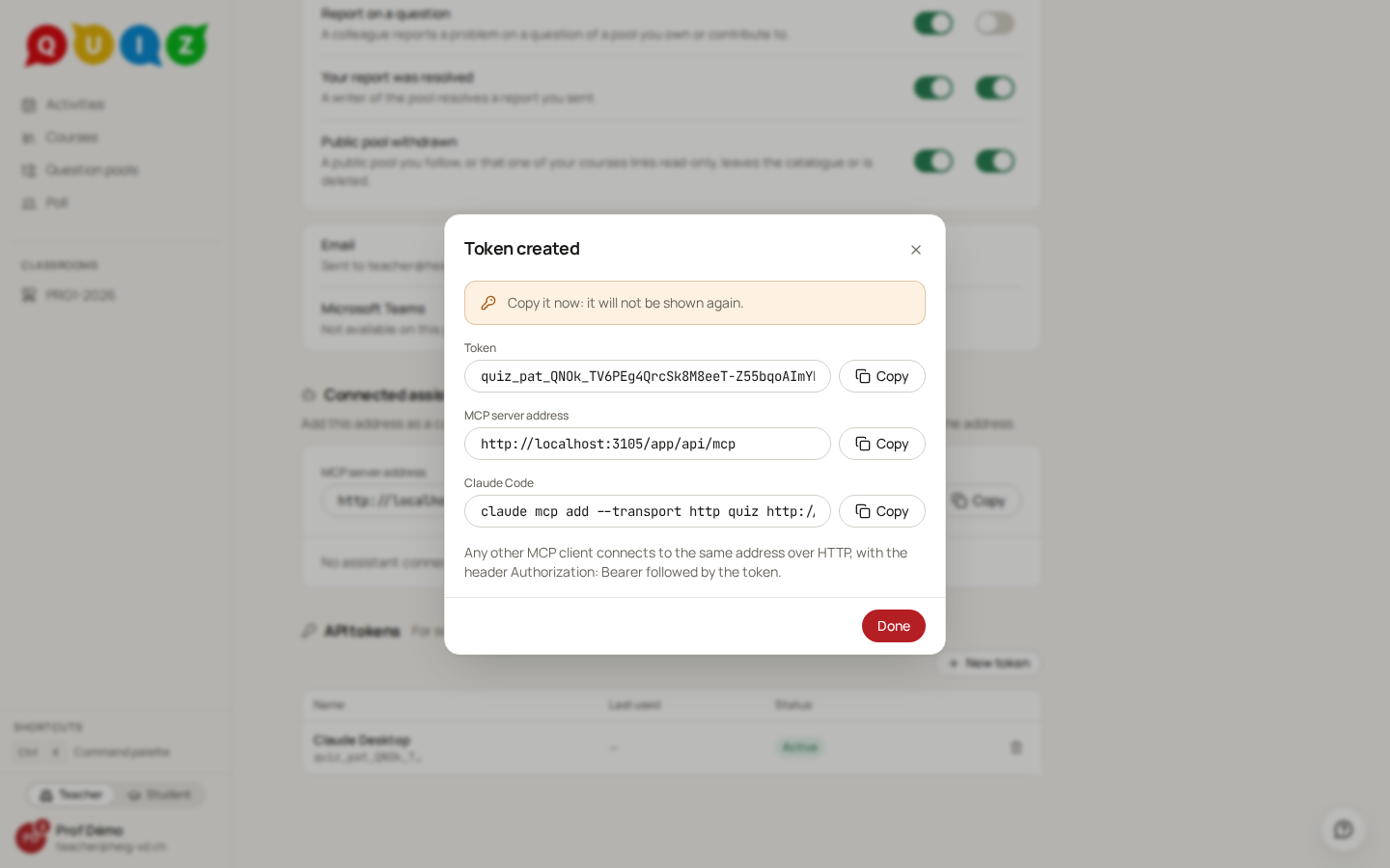 The token creation dialog, showing the new token, the MCP server address and the Claude Code command