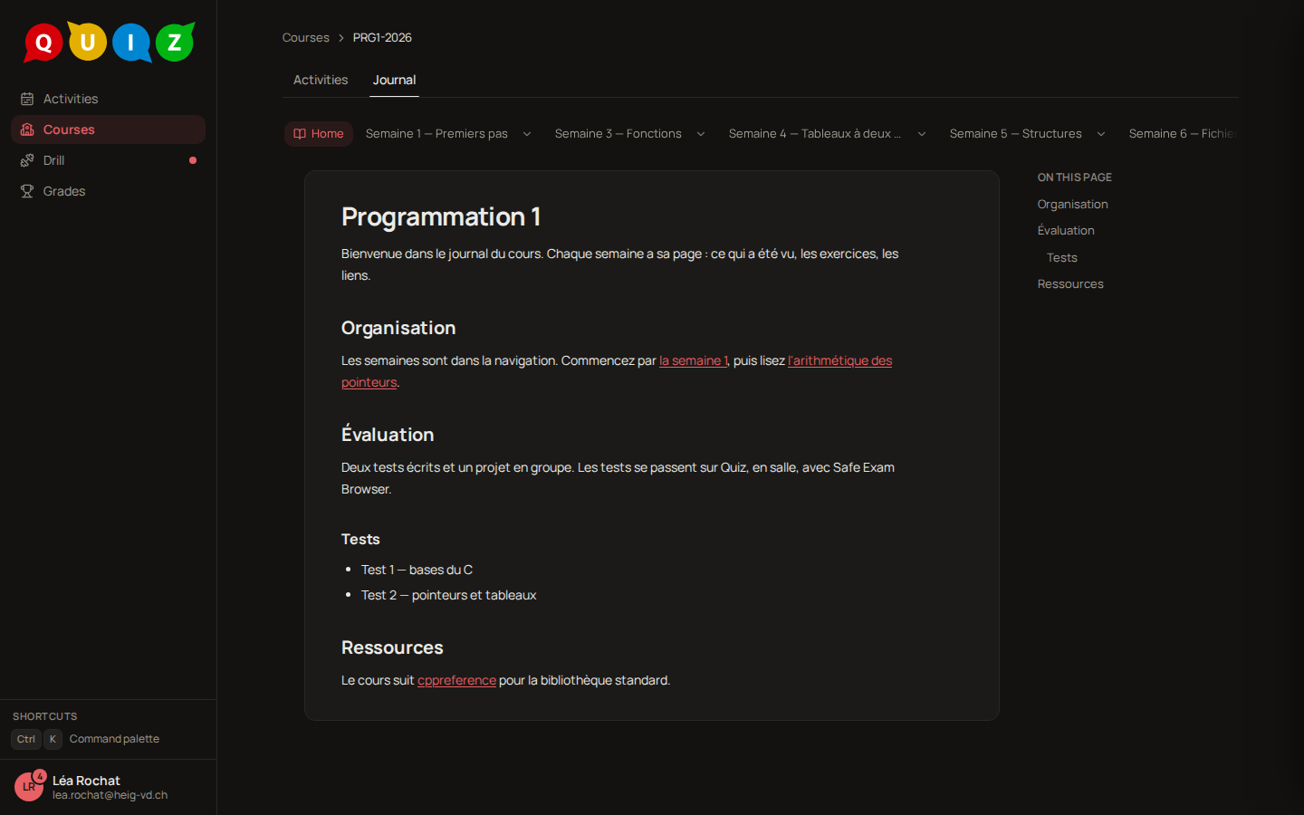 The Journal tab: a strip of pages at the top, the home page of the journal and its table of contents on the right