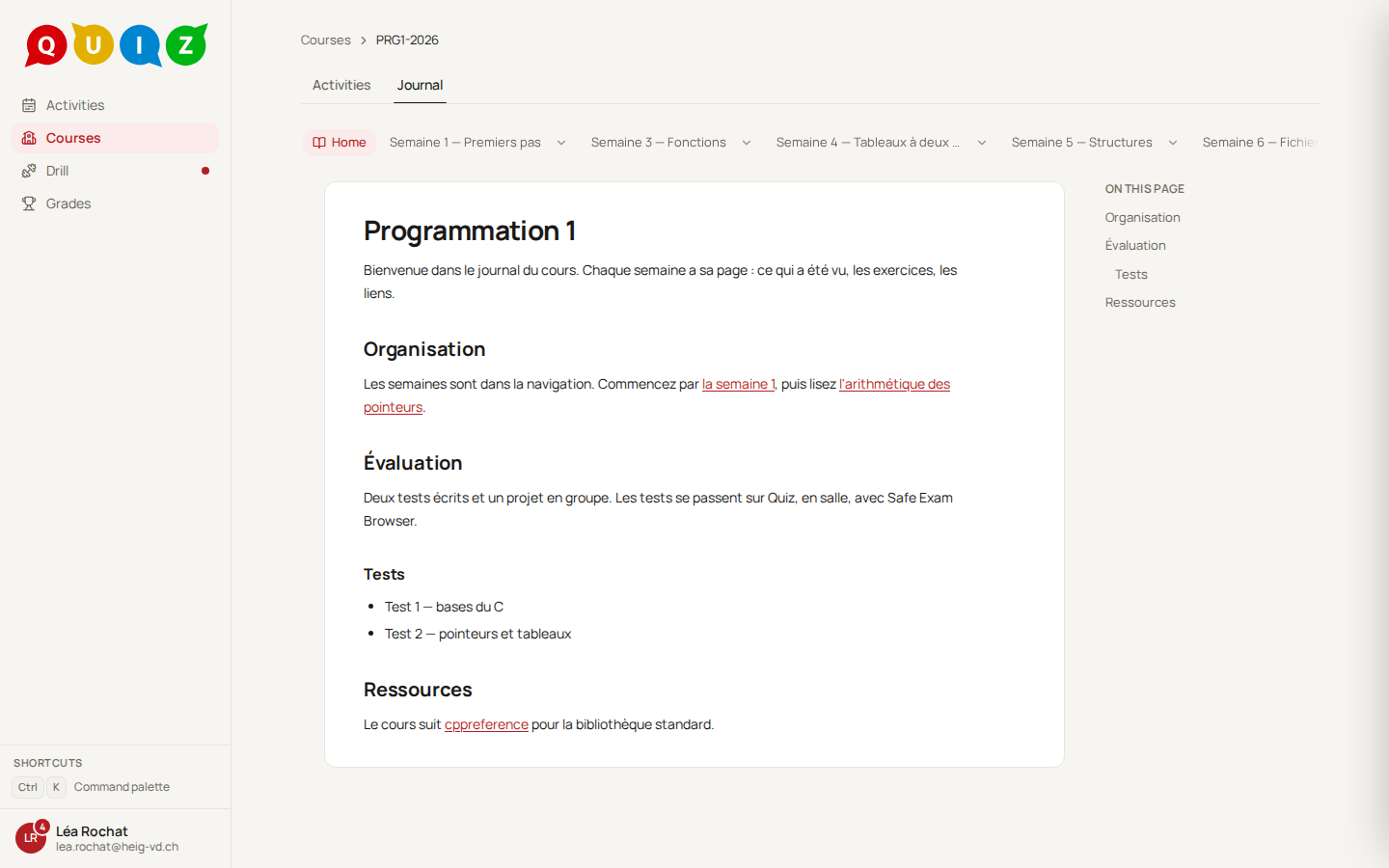 The Journal tab: a strip of pages at the top, the home page of the journal and its table of contents on the right