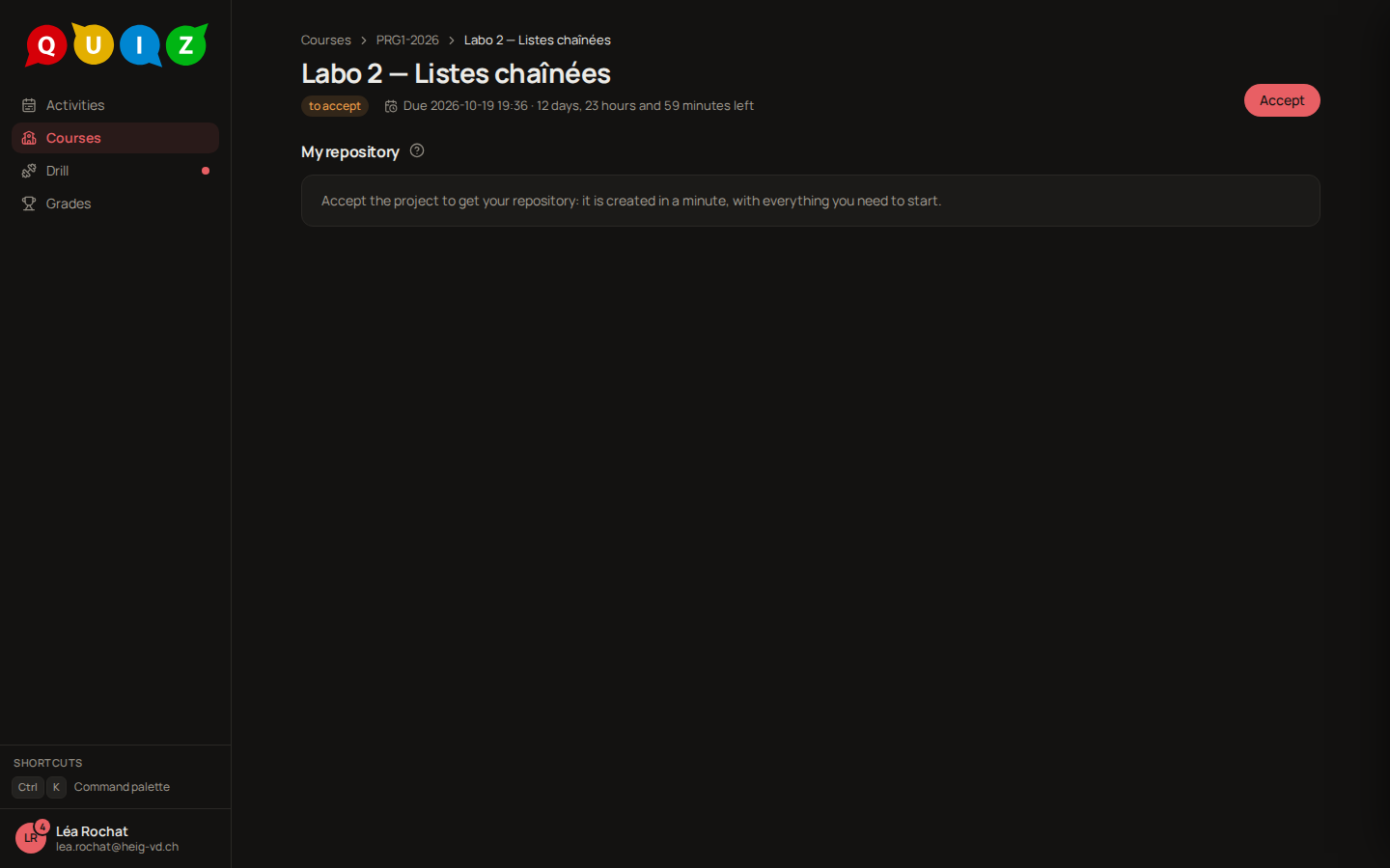 A project ready to accept: My repository says it is created in a minute, and the one button is Accept