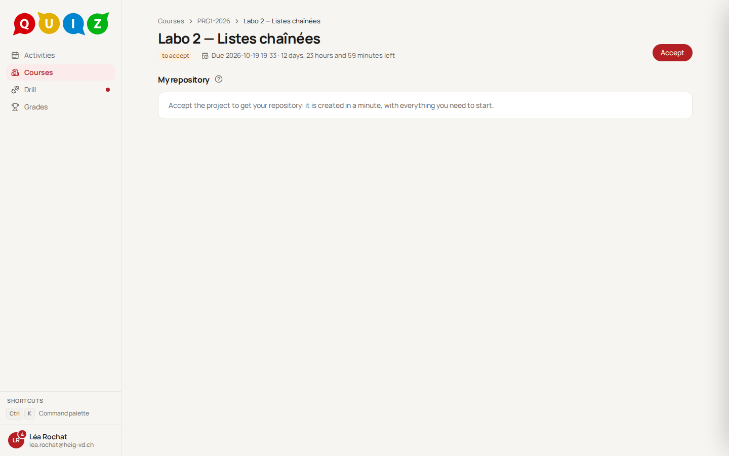 A project ready to accept: My repository says it is created in a minute, and the one button is Accept