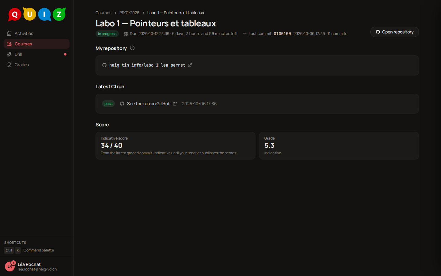 The project page: the status and the last commit under the title, the repository, the latest CI run with a passing badge, then the indicative score 34 / 40 and an indicative grade
