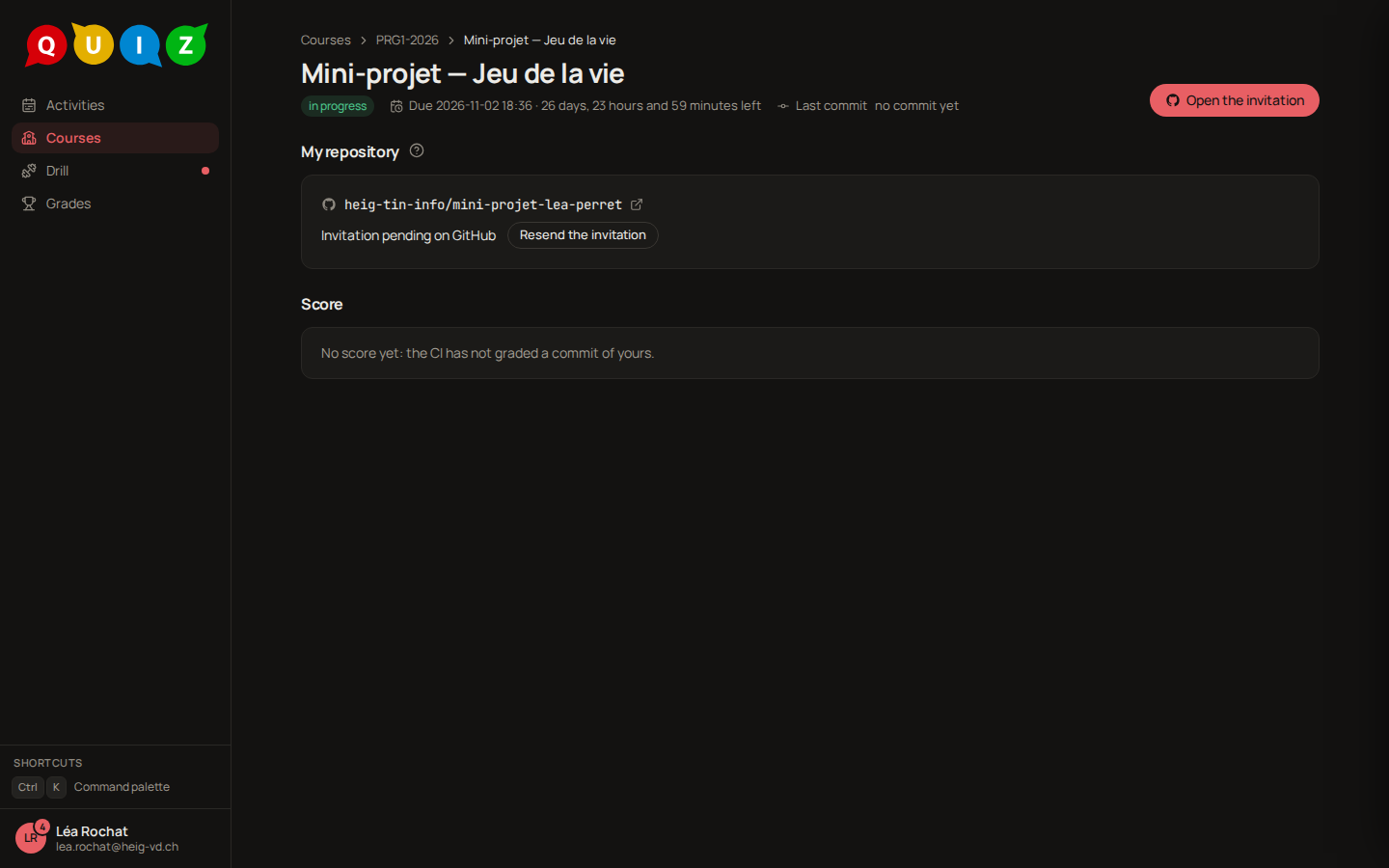 The project page with the repository listed, Invitation pending on GitHub, Resend the invitation, and the button Open the invitation