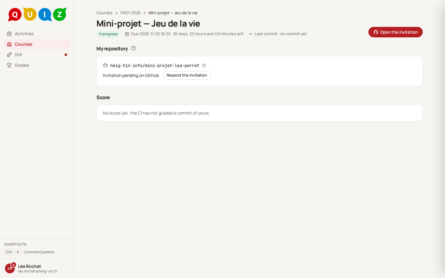 The project page with the repository listed, Invitation pending on GitHub, Resend the invitation, and the button Open the invitation